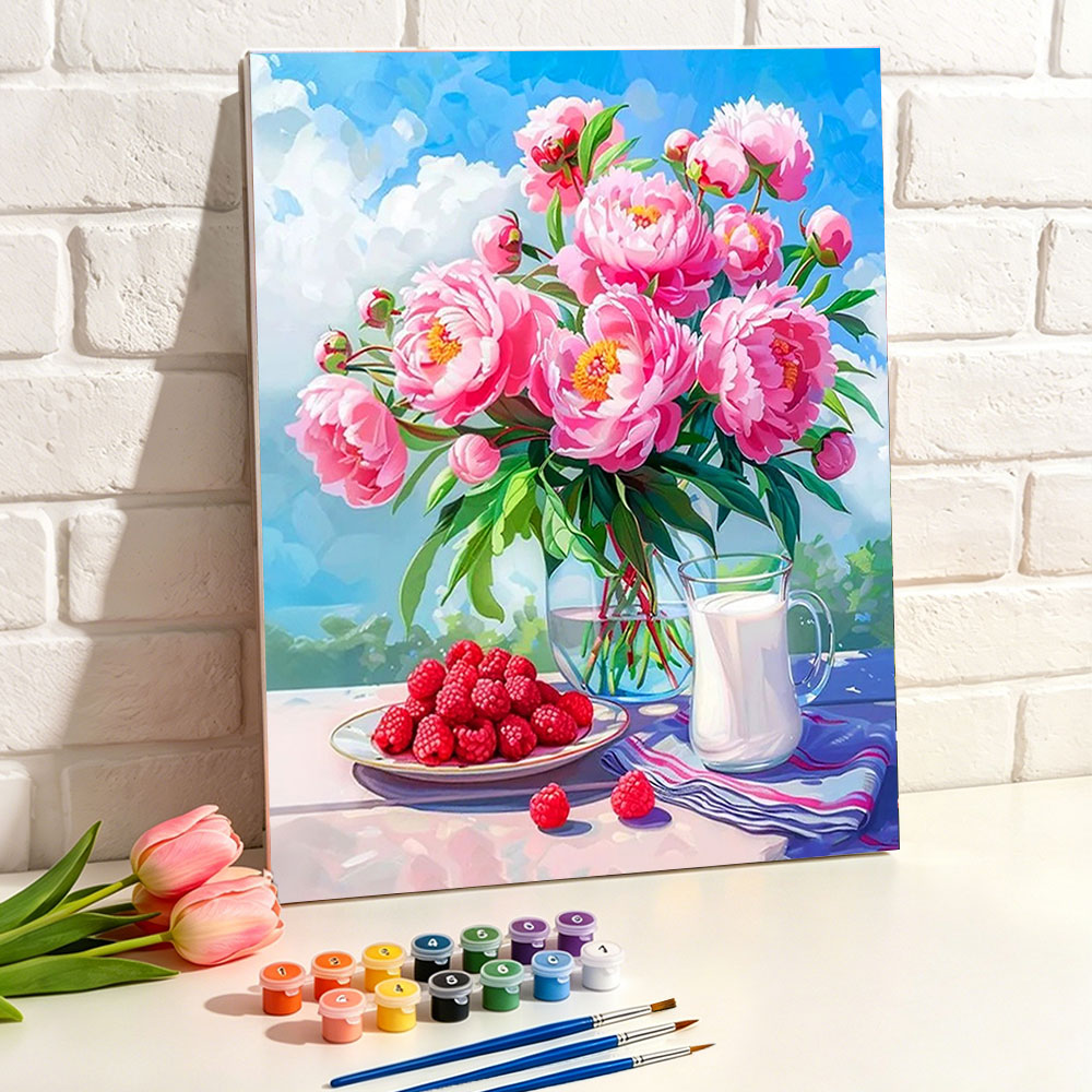 Art And Craft Numbers - ชุดระบายสีตามตัวเลข DIY สำหรับผู้ใหญ่ ภาพดอกโบตั๋นและราสเบอร์รี่ข้างหน้าต่างบนผืนผ้าใบ สำหรับตกแต่งบ้าน