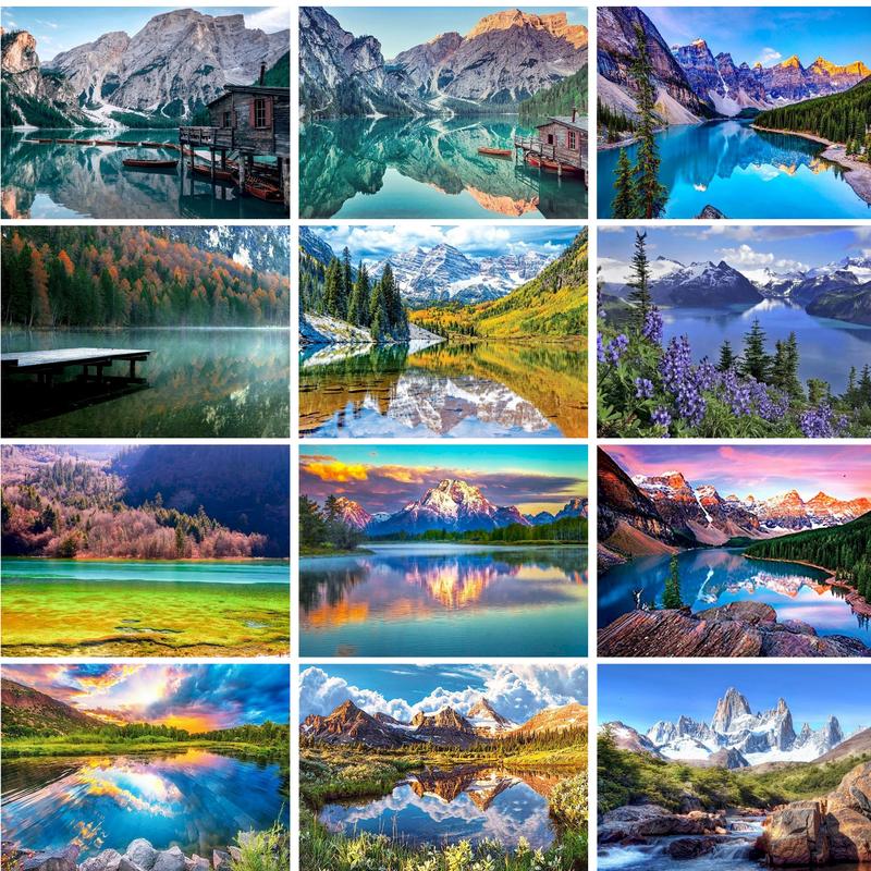 Unique Art Craft - GATYZTORY โมเดิร์นสีโดยตัวเลขกรอบ Mountain และ Lake ภูมิทัศน์ทําด้วยมือกรอบผู้ใหญ่หัตถกรรม