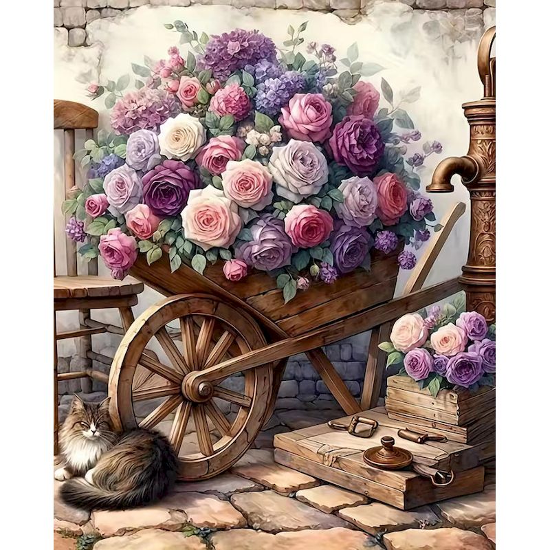 Art And Craft Numbers - ชุดระบายสีตามตัวเลขสำหรับผู้ใหญ่ ลายรถเข็นดอกไม้ วาดบนผ้าใบ ระบายสีตามตัวเลข ภาพวิวสวนสไตล์วินเทจ งานศิลปะวาดด้วยมือ