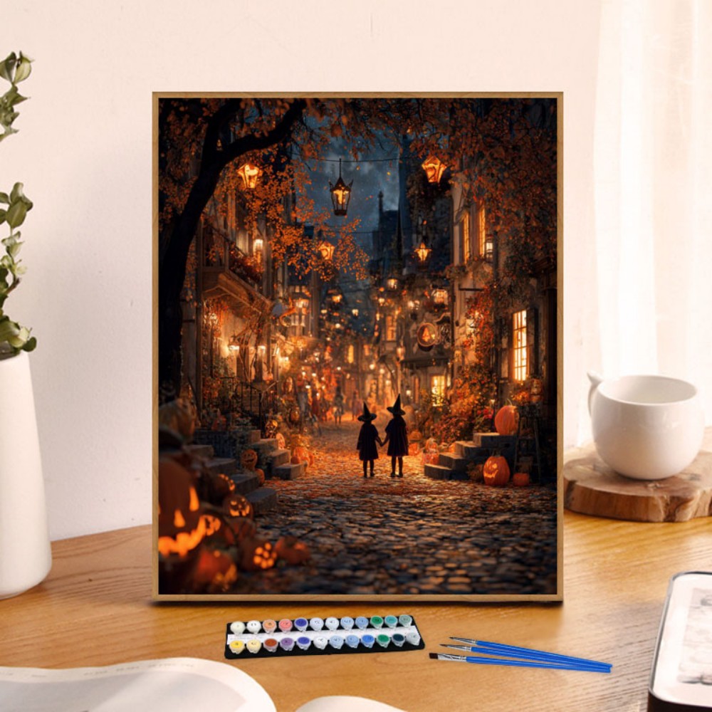Art And Craft Numbers - ระบายสีตามตัวเลข ภาพถนนในคืนฮาโลวีน สำหรับผู้ใหญ่ งานฝีมือ ตกแต่งบ้าน