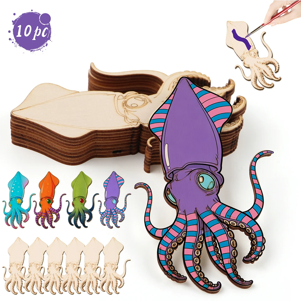Art Craft Wood - ชุดงานฝีมือไม้รูปปลาหมึกยักษ์ 10 ชิ้น/ชุด สำหรับตกแต่งแขวนผนัง งาน DIY