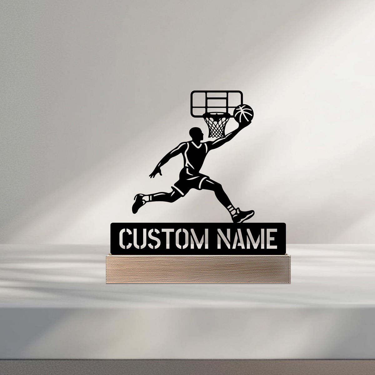 Art Craft Wood - รูปปั้นบาสเกตบอลโลหะแบบเรียบง่าย 1 ชิ้น พร้อมฐานไม้ งานศิลปะตกแต่งเหล็ก งานฝีมือประติมากรรมดีบุก